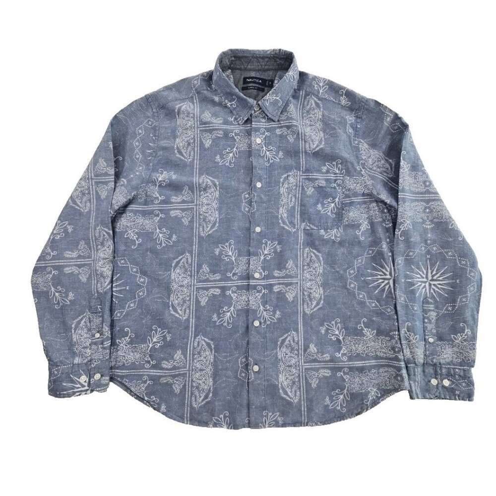 Nautica Linen Shirt Men's XL Blue Nature AOP Long Sleeve EUC Buttonup Resortwear